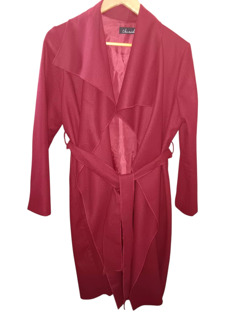 Chicwish Wine Red Long Wrap Robe Coat with Tie Belt
